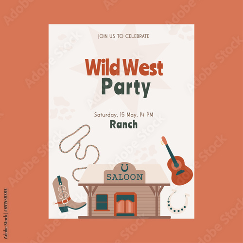 Flat style wild west cowboy party poster, invitation
