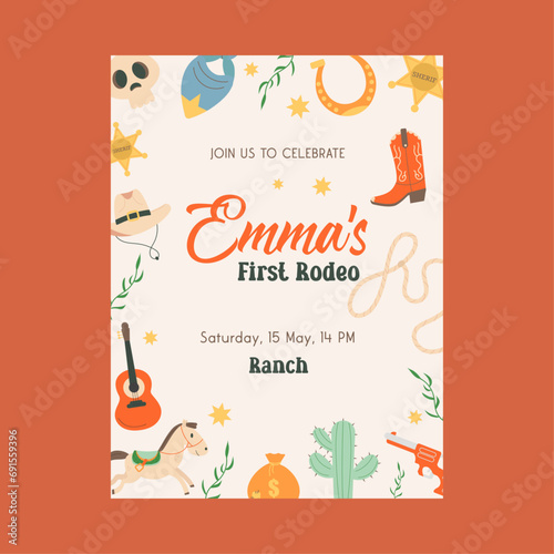 Hand drawn wild west party invitation, first rodeo poster