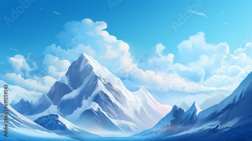 White snowcapped mountains, blue sky and white clouds in the background