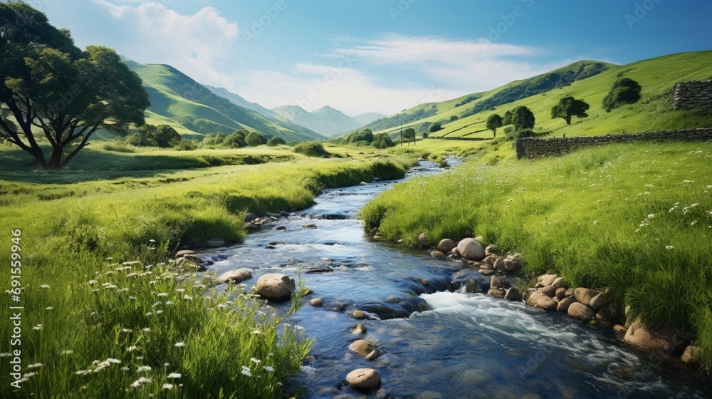A realistic photo of an idyllic landscape with rolling hills, lush green grass and a flowing river in the foreground