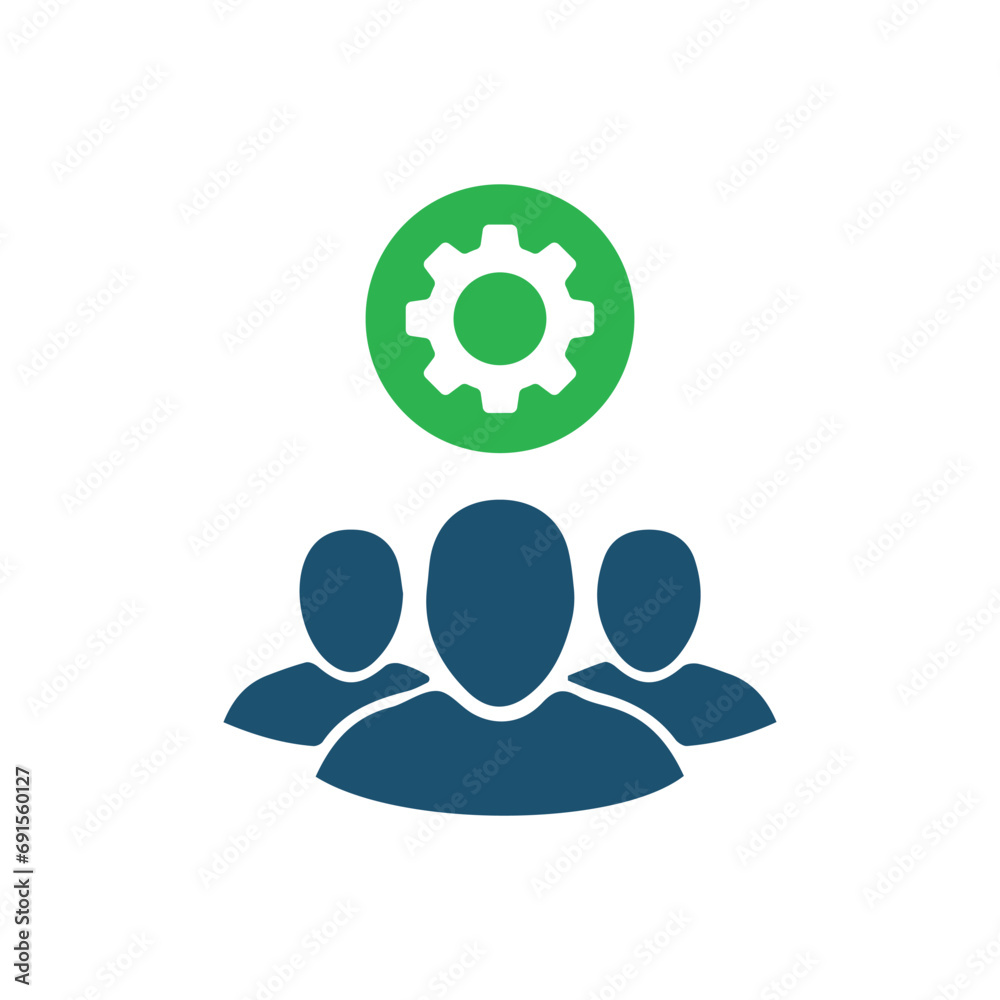 team work icon with gear like easy operation process. flat cartoon trend technical union of people logotype graphic simple design element isolated on white. concept of tech help service or maintenance team work icon with gear like easy operation process. flat cartoon trend technical union of people logotype graphic simple design element isolated on white. concept of tech help service or maintenance