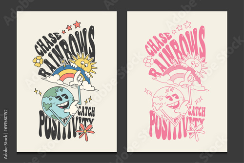 groovy 70s posters with retro sun and earth cartoon characters, vector illustration