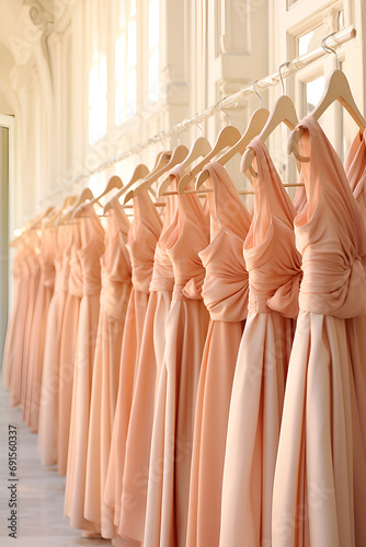 A row of elegant peach bridesmaid dresses in a sunlit room, showcasing luxurious bridal fashion. Concept: Ideal for bridal magazines, wedding planners, and fashion designers promoting