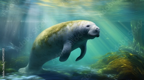 A beautiful painting of an happy manatee swimming in the water, sunlight shining through, peaceful scene, underwater plants, realistic style, high resolution, high details