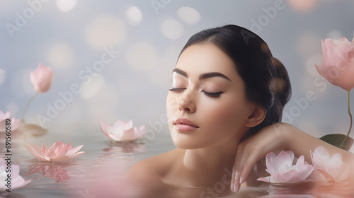 Relaxed woman with closed eyes in a bath with flowers. Perfume, fragrance, aroma, skin care. Generative AI. photo