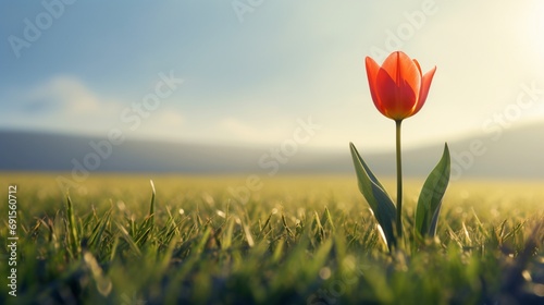  A vibrant tulip standing tall in the grassy field, bathed in the warm sunlight #691560712
