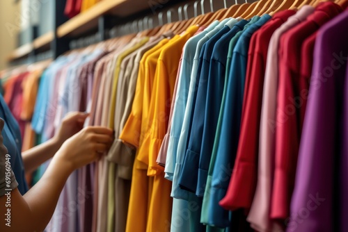 Close up of a customer hand choosing clothes at small business fashion store