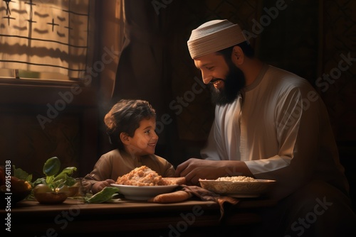 Close-up of Middle Eastern man with his son eating during Ramadan meal at home