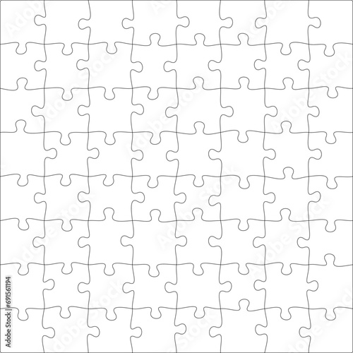Puzzles grid template 8x8. Jigsaw puzzle pieces, thinking game and jigsaws detail frame design. Business assemble metaphor or puzzles game challenge vector.