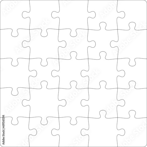 Puzzles grid template 5x5. Jigsaw puzzle pieces, thinking game and jigsaws detail frame design. Business assemble metaphor or puzzles game challenge vector.