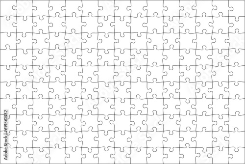 Puzzles grid template 10x15. Jigsaw puzzle pieces, thinking game and jigsaws detail frame design. Business assemble metaphor or puzzles game challenge vector.