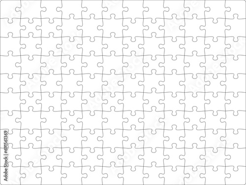 Puzzles grid template 12x10. Jigsaw puzzle pieces, thinking game and jigsaws detail frame design. Business assemble metaphor or puzzles game challenge vector.