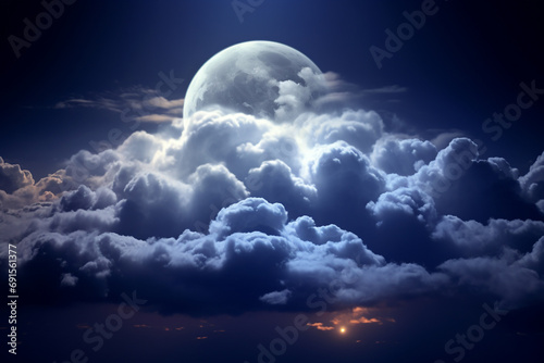 illustration of the night sky, the moon shining through the clouds. Created with Generative AI