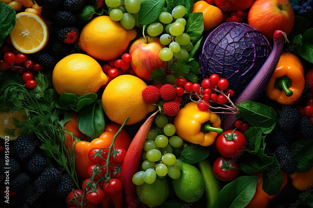 many fresh fruits and veggies arranged on a dark background