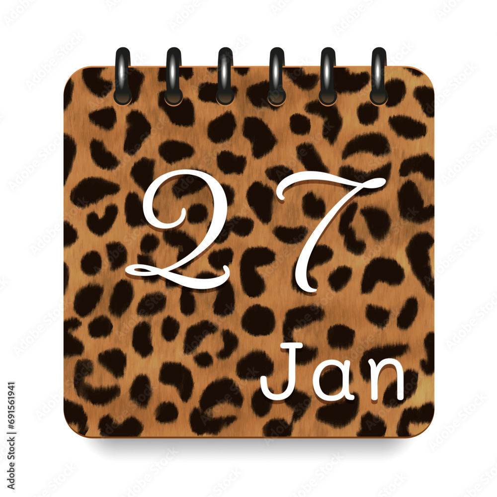 27 day of the month. January. Leopard print calendar daily icon. White