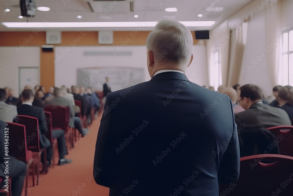 Speaker Giving a Talk at Business Meeting. Audience in the conference hall. Neural network AI generated art Speaker Giving a Talk at Business Meeting. Audience in the conference hall. Neural network AI generated art