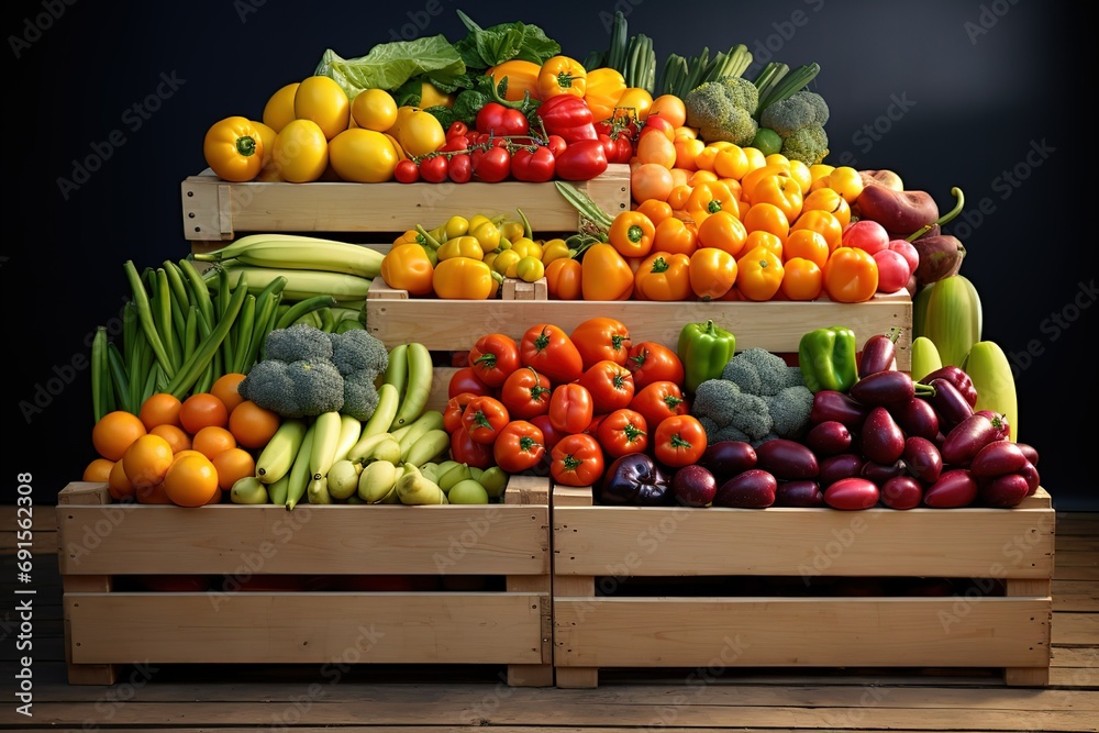 many boxes of different fruits and vegetables