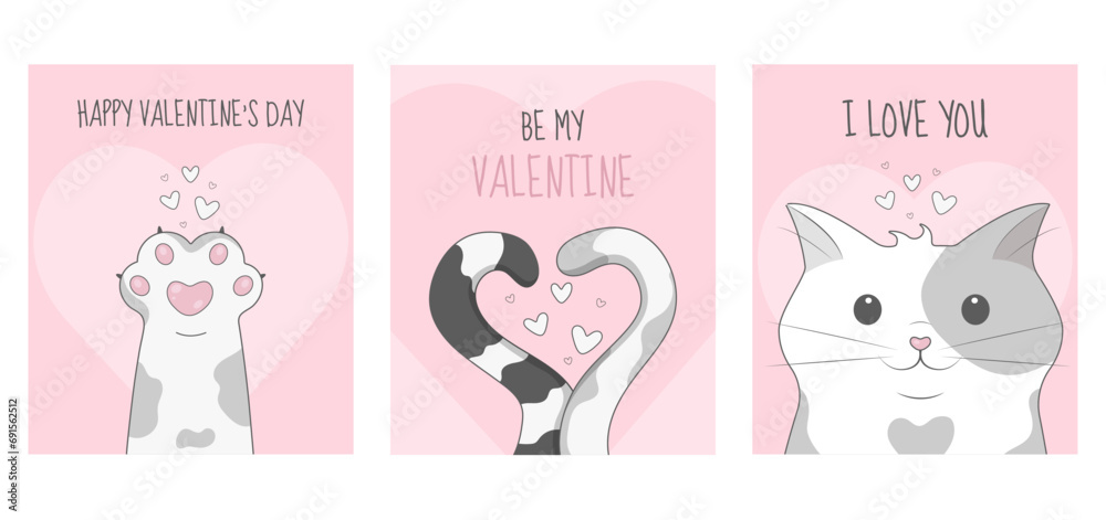 Vector set of posters for Happy Valentines day with cats on pink background