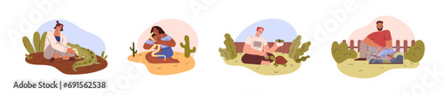 Set of people with reptile pets outdoors.