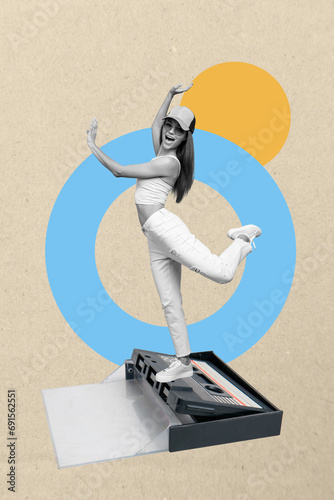 Abstract creative artwork template collage of funny young female dancing retro cassette surrealism metaphor psychedelic unusual fantasy