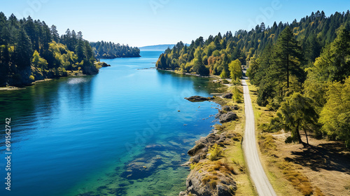 Fototapeta Naklejka Na Ścianę i Meble -  Aerial view of road with green forest and lake