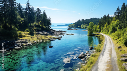 Aerial view of road with green forest and lake