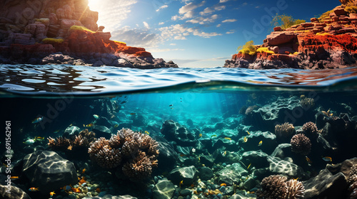 Beautiful coral reef under the sea between with sunrise