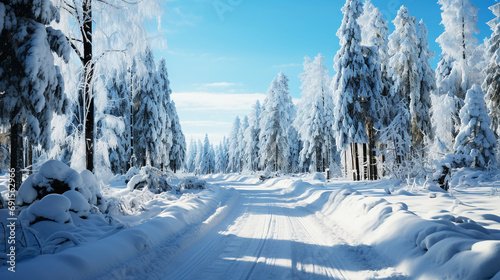 Beautiful road covered with snow and trees in the winter season