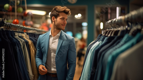 Close up young business man choosing suit in a clothes store