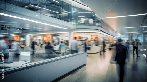 Long exposure shot of corporate business people working in busy office space