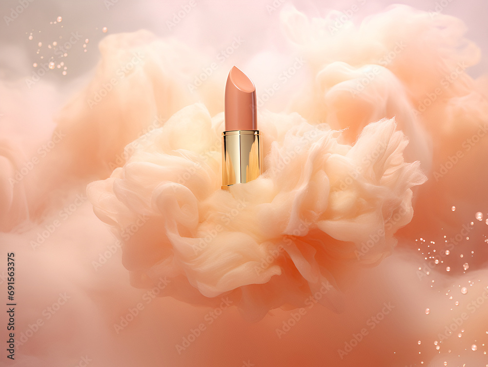 Soft-focus lipstick set against a dreamy, peach fuzz toned cloud, embodying delicate beauty. - obrazy, fototapety, plakaty 