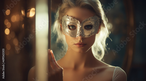 Portrait of a woman hiding behind mask, psychology and psychiatry concept photo