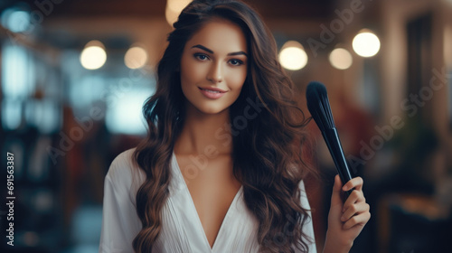 Closeup woman holding powder brush preparing to apply makeup in a beauty salon
