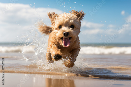 Joyful Canine Sprint: Dog Running Free on Sandy Beach