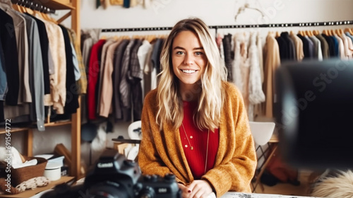 Beautiful smiling woman blogger making a video with sell clothes