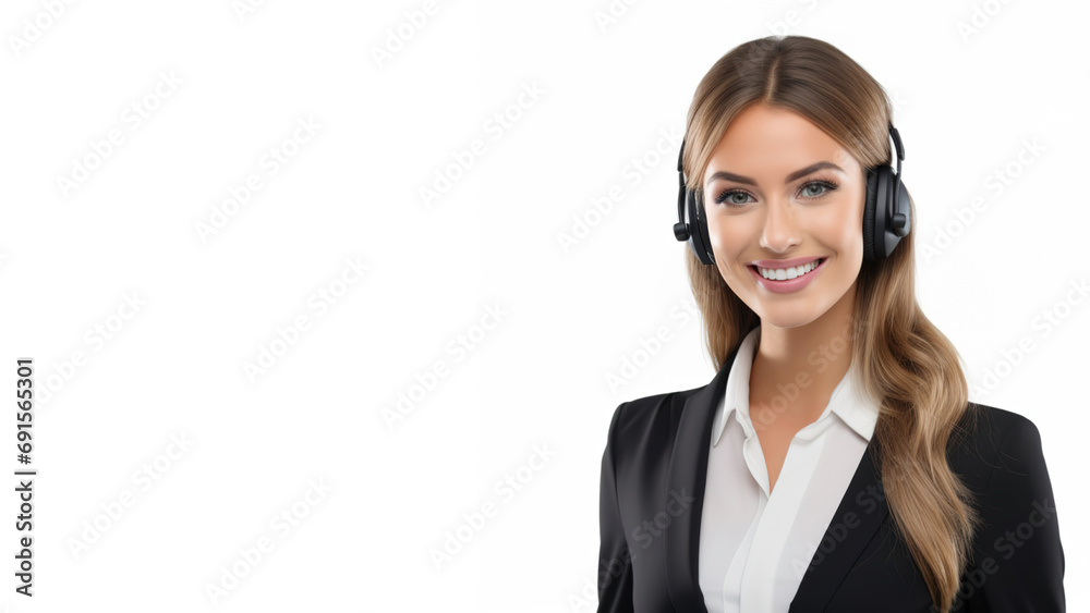 Young call center agent with headsets smiling isolated over white background, Telemarketing sales or Customer service operators concept, copy space Young call center agent with headsets smiling isolated over white background, Telemarketing sales or Customer service operators concept, copy space
