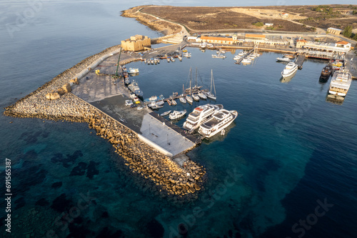 Aerial drone scenery yacht and fishing marina. Drone view from above. Paphos harbour, Cyprus, Europe