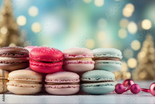 Delicious macaroon with christmas lightning background
