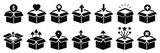 Box icon set isolated on white background. Empty open shipping box or unboxing line art. 