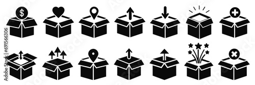 Box icon set isolated on white background. Empty open shipping box or unboxing line art.  photo