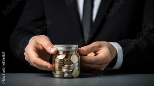 Person in a business suit is stacking coins in increasing heights