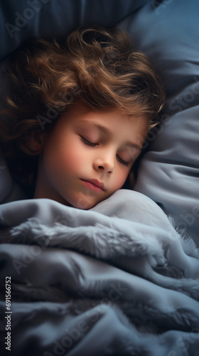 Cute Caucasian little boy peacefully sleeping on a bed. Restful sleep, asleep. Generative AI.