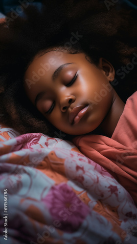 Cute African little girl peacefully sleeping on a bed. Restful sleep, asleep. Generative AI.