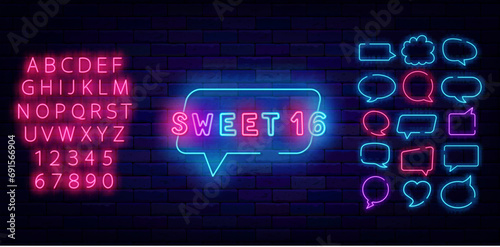 Sweet 16 neon inscription. Shiny typography on brick wall. Bright pink font. Happy birthday party. Vector illustration