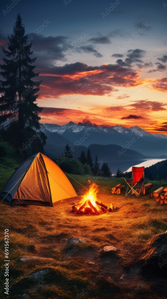 Camp fire, tent and mountains in the background at sunset - obrazy, fototapety, plakaty 