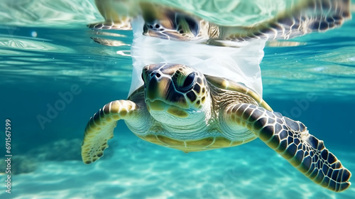 Turtle with a plastic bag floating in the sea © Inlovehem