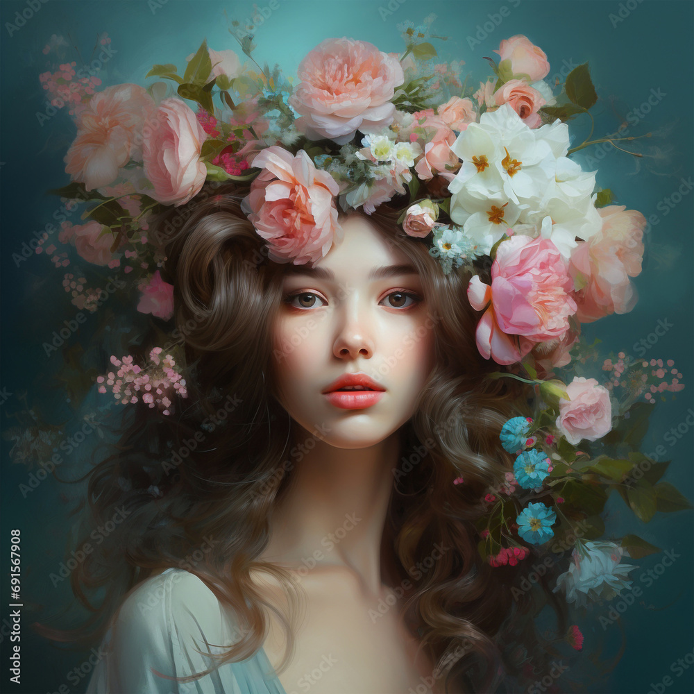 A dark haired girl in pink peonies wreath Ai Artificial Intelligence technology concept