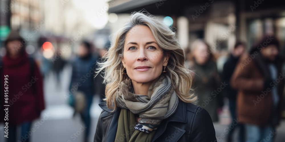 portrait of a middle-aged woman on a busy street
