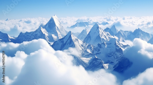 Snow peaks high above the clouds with a blue sky