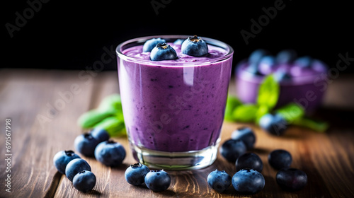 Blueberry smoothie in glass on wooden background photo